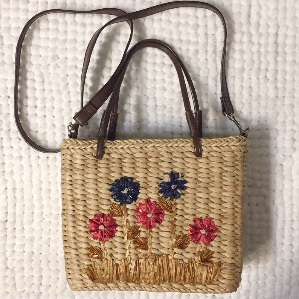 Sonoma Life+Style Floral Woven Straw Purse Cloth Lining with Cross Body